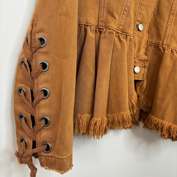 Free People Willow Denim Jacket XS Rust/Brown Lace Up Cuffs Boho Western Forest - Picture 3 of 10